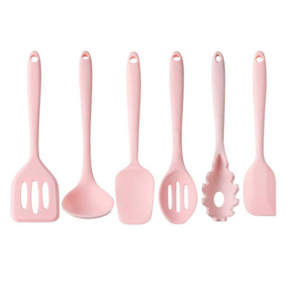 (6pcs) Lovely Pink Silicone Kitchenware Set Spatula Oil Brush Pasta Server Slotted Spoon Set Heat-Resistant Non-Stick Utensils Set For Baking Cooking