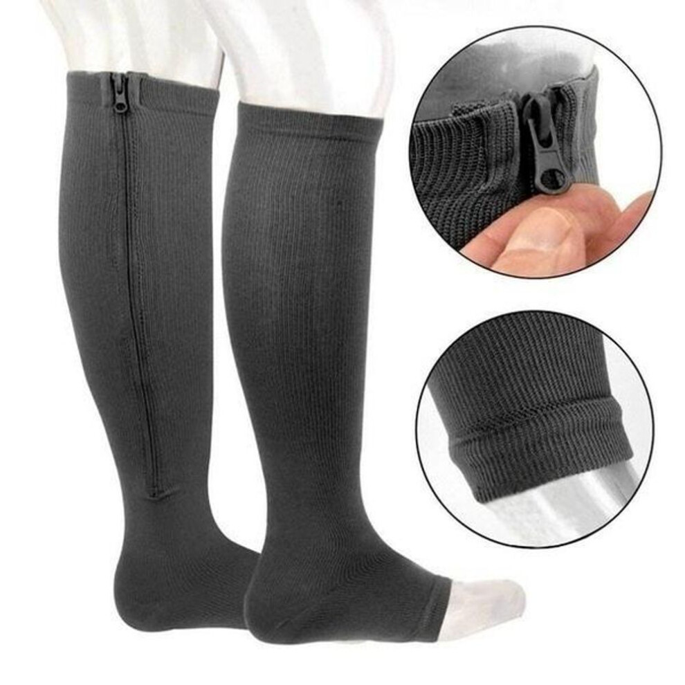 (black, XXL) Compression Stockings Sports Pressure Long Cycling Socks Zipper Professional Leg Support Thick Men Women Socks