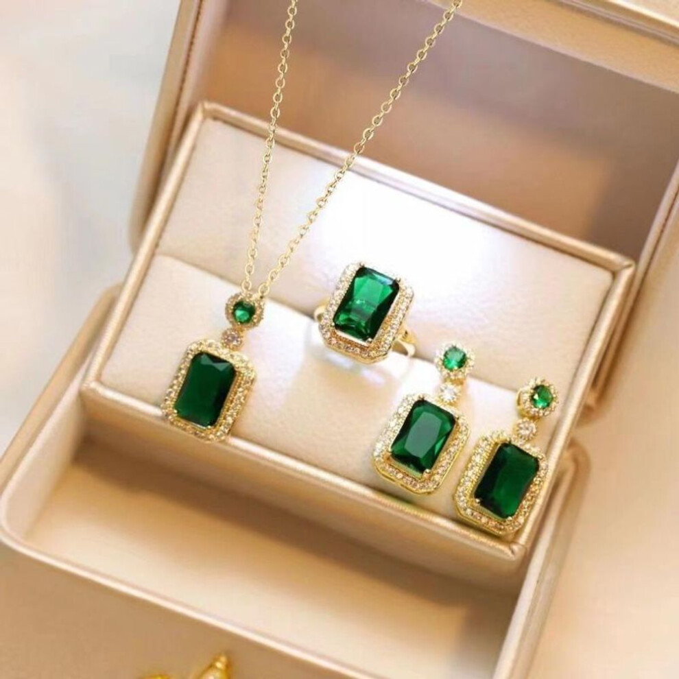 (green, opp bag) Exquisite Fashion Emerald Perfume Bottle Necklace Earrings Ring 3 Piece Set Classic Banquet Wedding Jewelry Set Birthday Gift