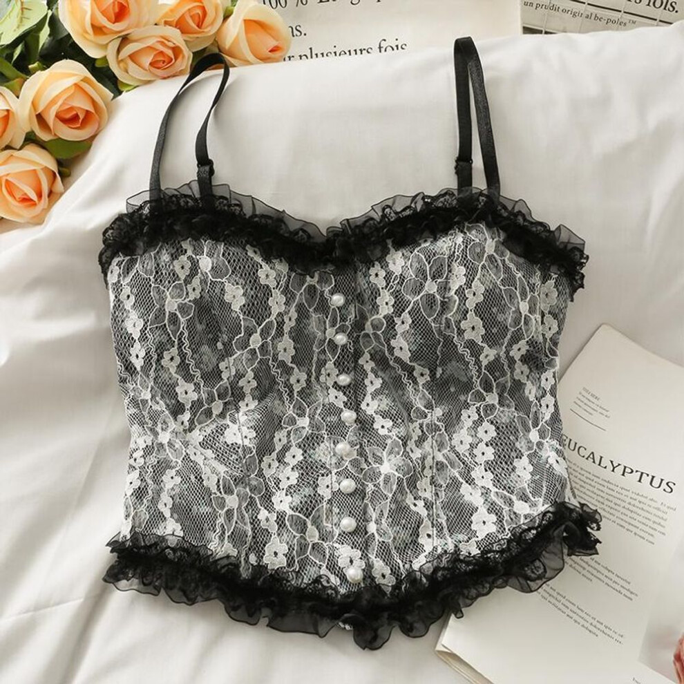 (black, One Size) Sexy Tank Top Lace Print Halter Crop Tops Women Summer Camis Backless Camisole Fashion Pearl Tube Female Sleeveless Cropped Vest