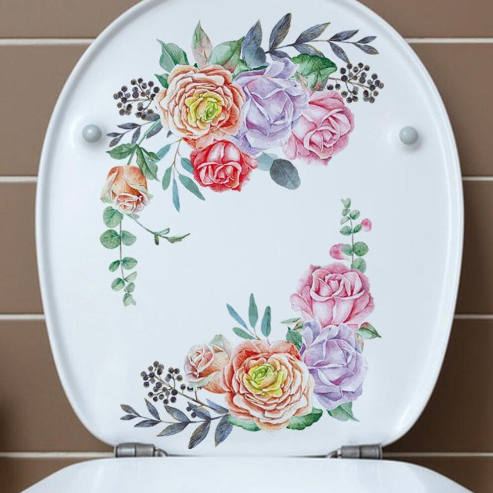 (as the picture, D) Creative Rose Flowers Mural Toilet Stickers Bathroom Decoration Stickers Close Stool Seat Cover Decor Self-adhesive Paintings Removable Pvc Decals