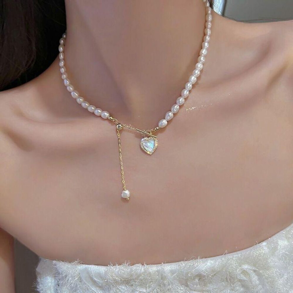 (as the picture) Korean Elegant Pearl Beads Necklace For Women Ladies Fashion Rhinestone Shell Heart Pendent Necklace Choker Jewelry