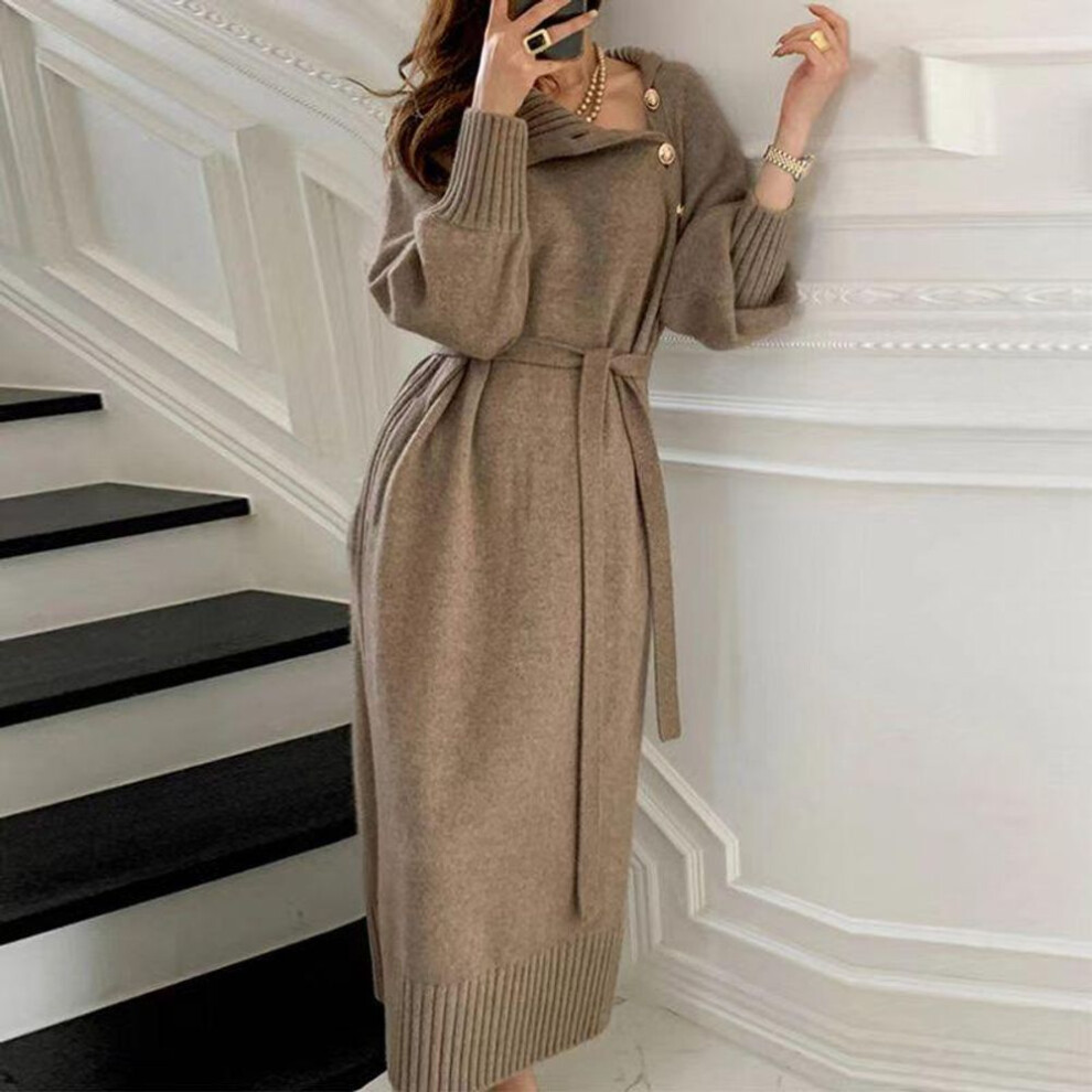 (khaki, one size) Autumn and winter pullover new style French temperament paired sweater inside long over the knee bottom knit dress women