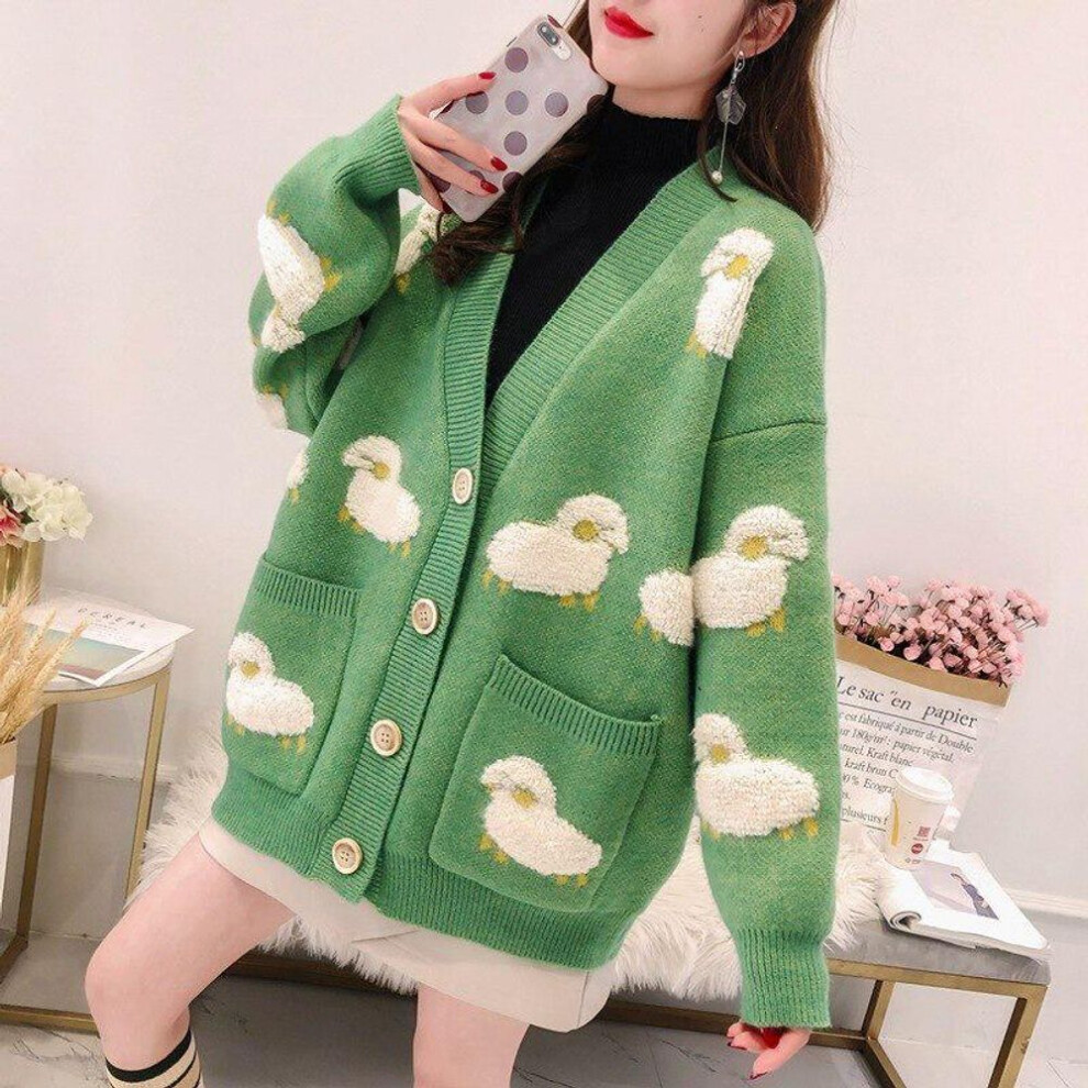 (green, One Size) Plus Size Mid-length Slim Knit Sweater Female Button Pocket Decoration Cartoon Casual Cardigan Sweater Women Spring Autumn 2020