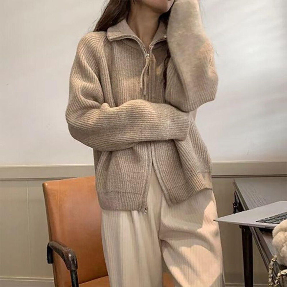 (camel, One Size) Cardigan Sweater Female knit jacket spring and autumn westernized white double zipper  women versatile sweater