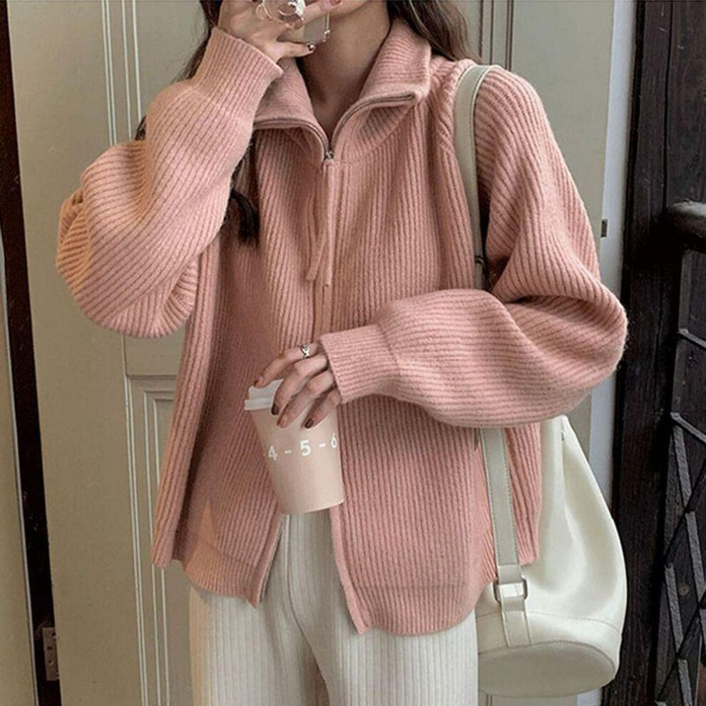 (pink, One Size) Cardigan Sweater Female knit jacket spring and autumn westernized white double zipper  women versatile sweater