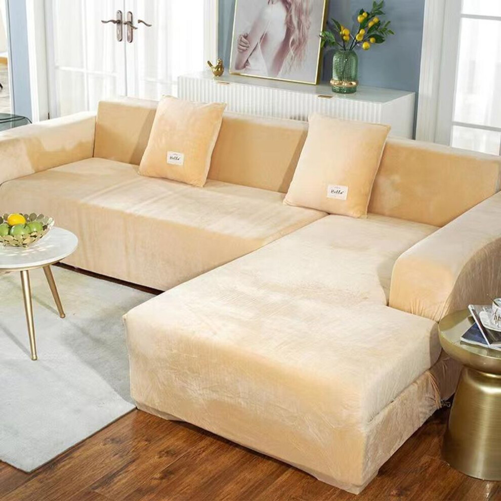 (beige,yellow, 2 seat(145-185cm)) Plush Sofa Cover Velvet Elastic Leather Corner Sectional For Living Room Couch Covers Set Armchair Cover L Shape Seat Slipcovers