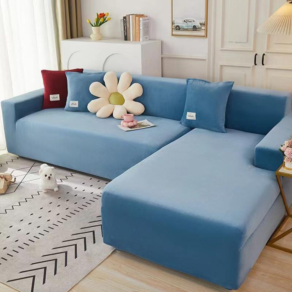 (blue, 1 seat(90-140cm)) Plush Sofa Cover Velvet Elastic Leather Corner Sectional For Living Room Couch Covers Set Armchair Cover L Shape Seat Slipcovers