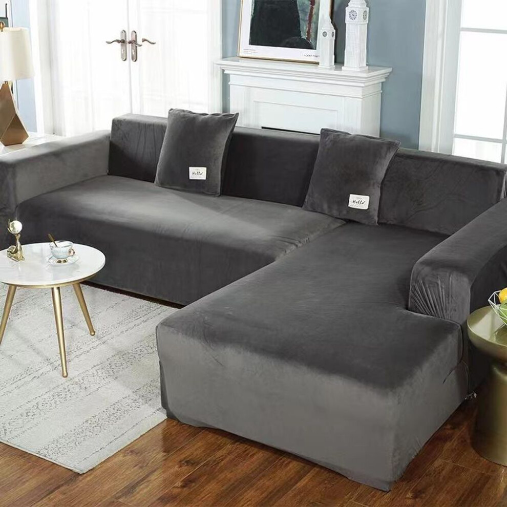 (dark grey, 3 seat(190-230cm)) Plush Sofa Cover Velvet Elastic Leather Corner Sectional For Living Room Couch Covers Set Armchair Cover L Shape Seat Slipcovers