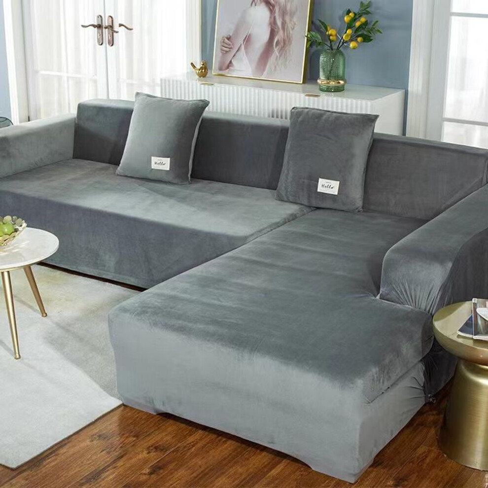 (light grey, 4 seat(235-300cm)) Plush Sofa Cover Velvet Elastic Leather Corner Sectional For Living Room Couch Covers Set Armchair Cover L Shape Seat Slipcovers