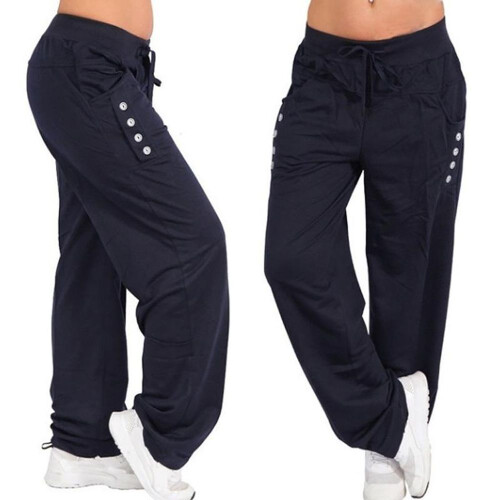 (dark blue, XL) Plus Size Women Trousers Casual Loose Drawstring Long Pants Elastic Waist Active Pants Ladies Wide Leg Pants