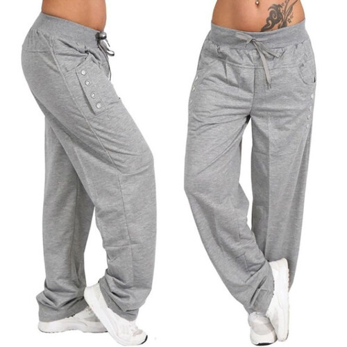 (grey, S) Plus Size Women Trousers Casual Loose Drawstring Long Pants Elastic Waist Active Pants Ladies Wide Leg Pants