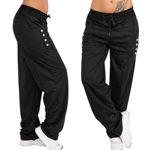 (black, 4XL) Plus Size Women Trousers Casual Loose Drawstring Long Pants Elastic Waist Active Pants Ladies Wide Leg Pants
