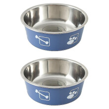(Blue 12Cm) Pet Printing Stainless Steel Bowl Double Layer Thickening Non-slip Feeding And Drinking Bowl 12cm