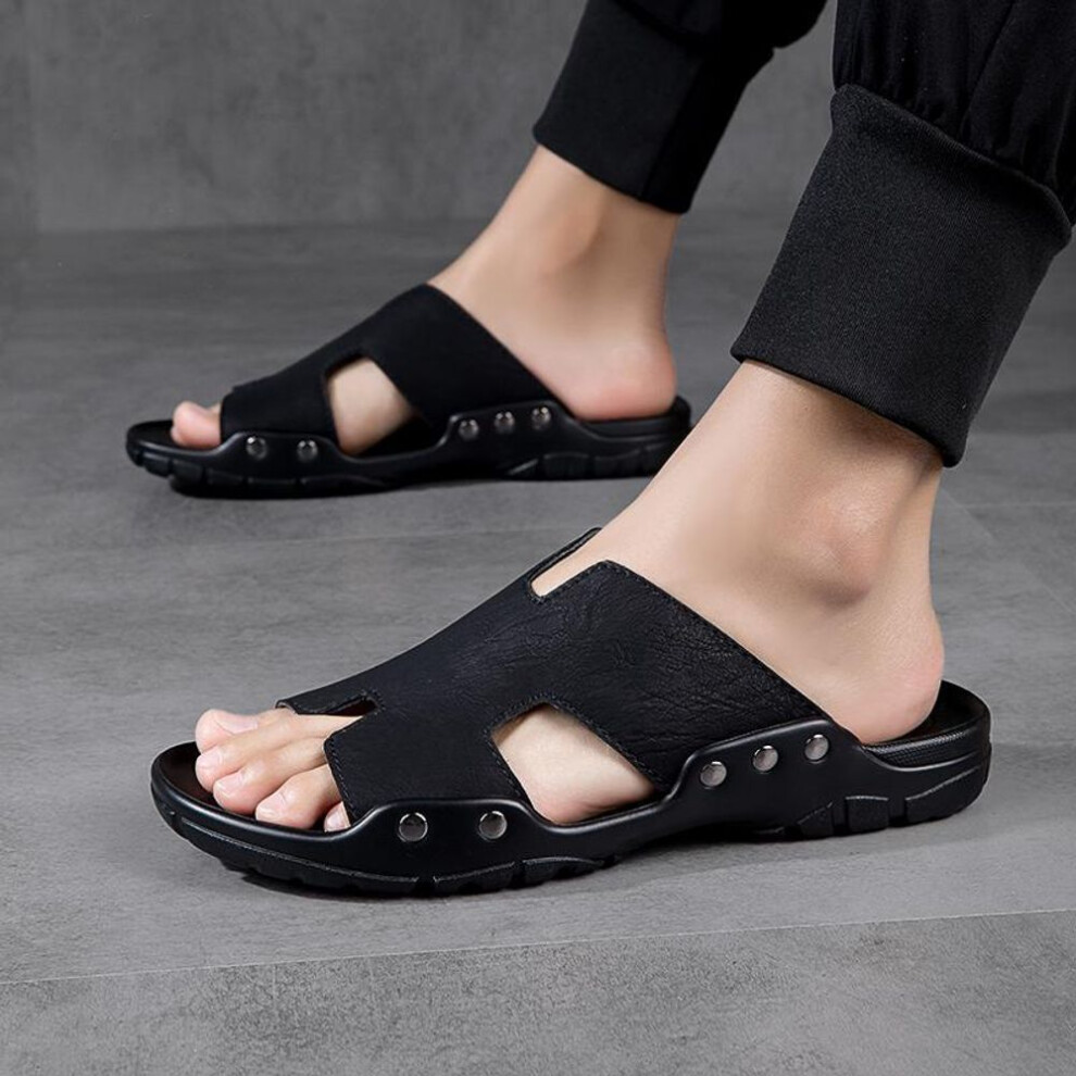 (black, 52) Men&apos;s Flat Slippers Extra Wide Slide Sandals Outdoor Beach Open Toe Casual Soft Walking Leather Sandals