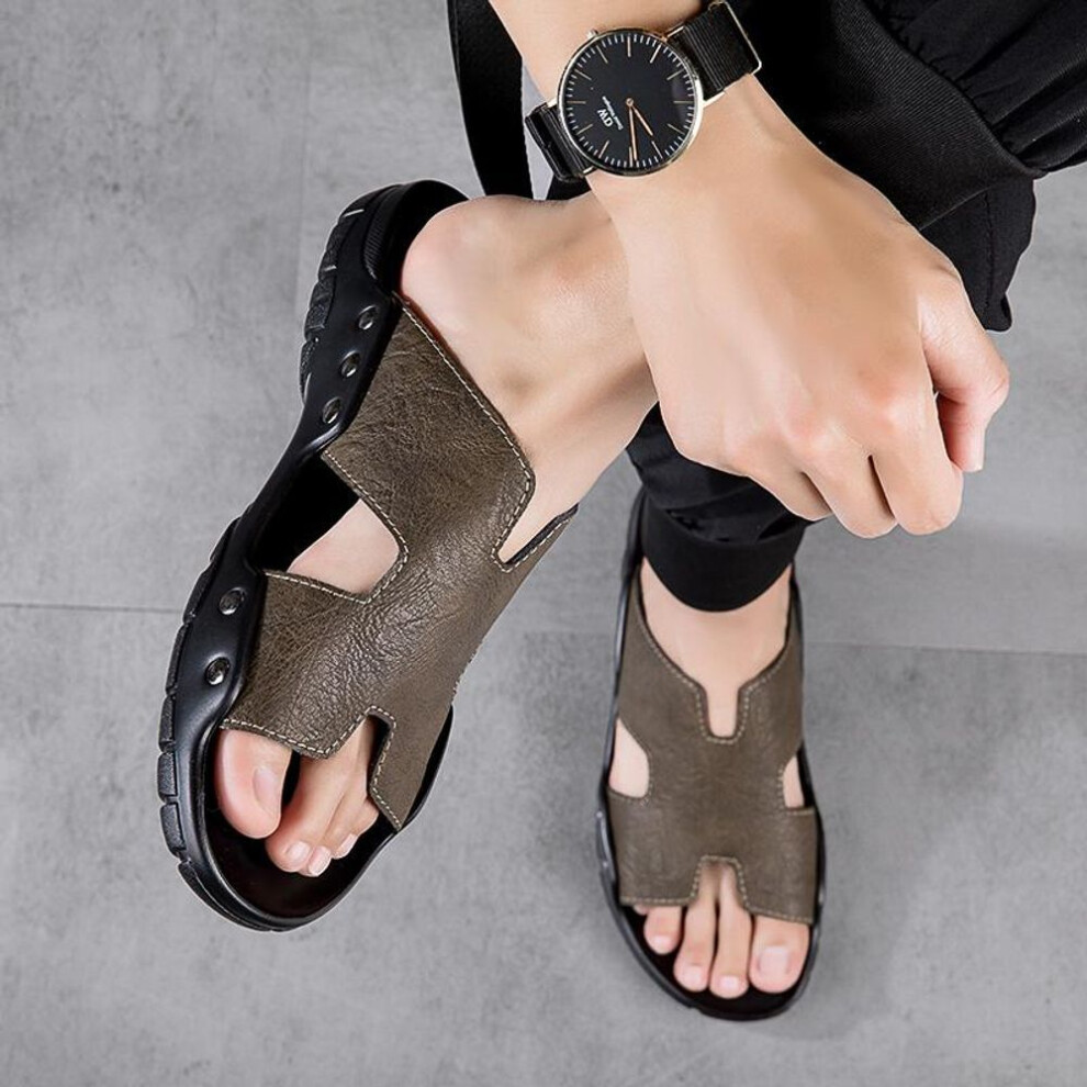 (tan, 37) Men&apos;s Flat Slippers Extra Wide Slide Sandals Outdoor Beach Open Toe Casual Soft Walking Leather Sandals
