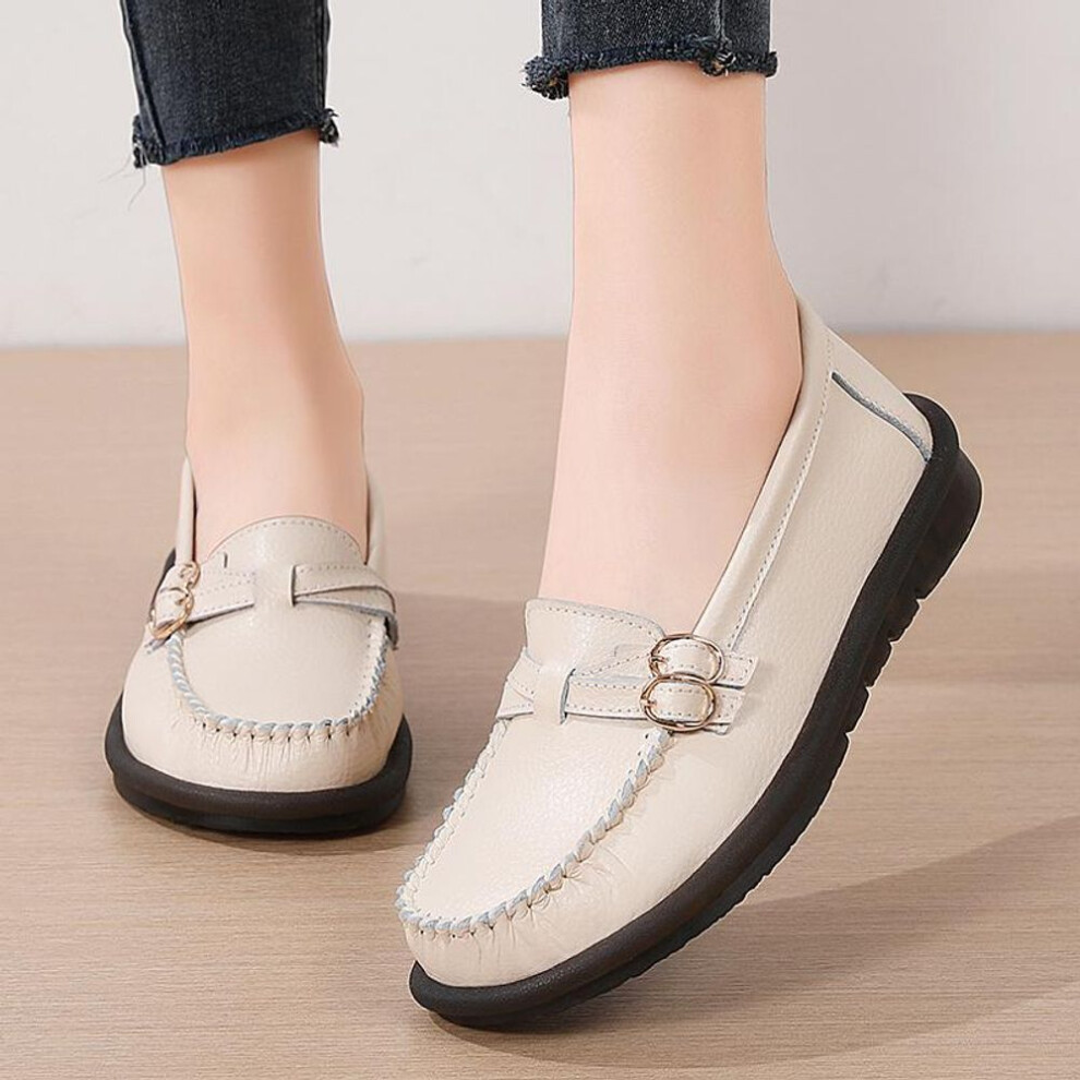 (beige, EU: 41) Women&apos;s Horse Bit Loafers Leather Driving Moccasins Comfort Flats Casual Slip On Plus Size Walking Minimalist Maternity Shoes For Woman