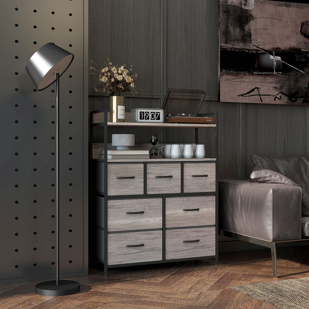 HOMCOM Bedroom Chest of Drawers 7 Drawer Dresser w/ Shelves, Grey Wood Effect