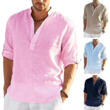 (XXXL, Pink) 2025 Men's Casual Linen Shirt, Cotton And Linen Long Sleeved Shirt, S-5XL Top