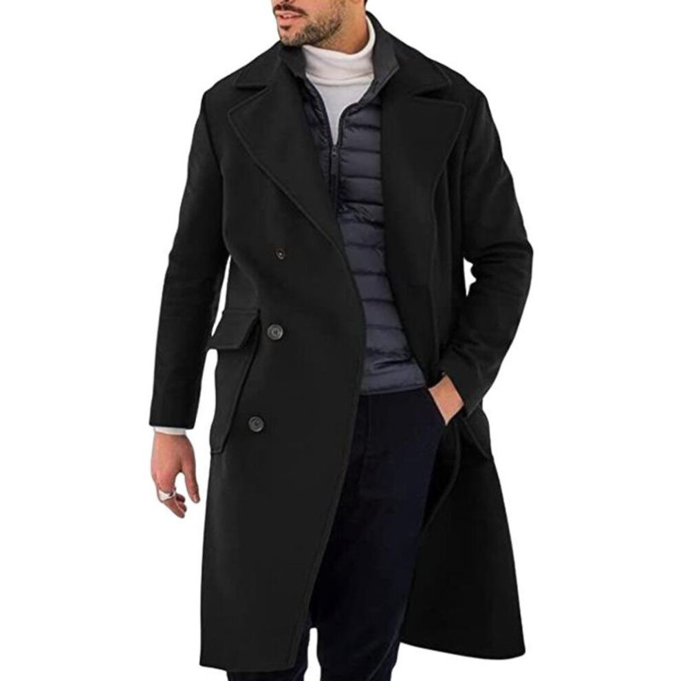 (black, 4XL) Men&apos;s Autumn And Winter Woolen Coat European And American Thickened Long Double-breasted Coat