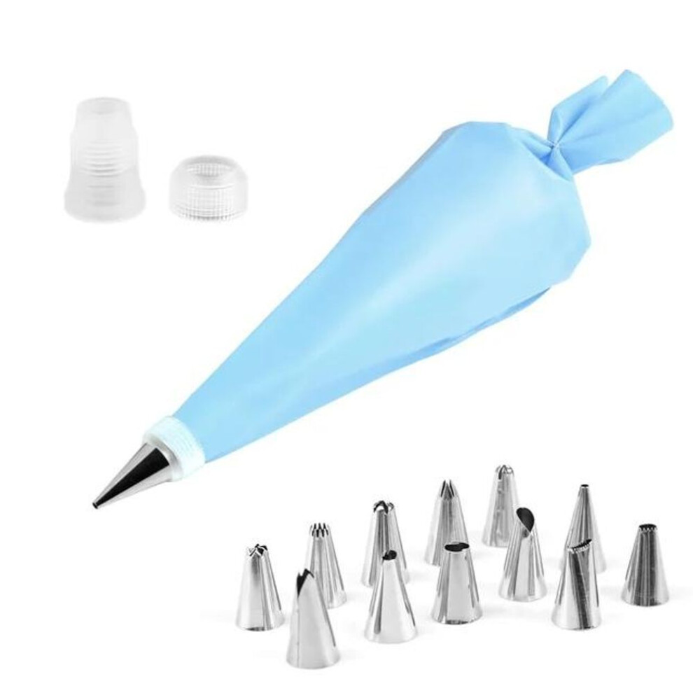 (blue, 14pcs) 14/26pcs Purple Silicone Pastry Bags Tips Kitchen Diy Cake Icing Piping Stainless Nozzle Reusable Cream Decorating Mouth Tools