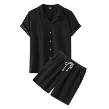 (2XL, Black) Men 2 Piece Linen Outfit Set, Button Down Shirt Casual Loose Pant Sets