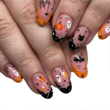 Halloween Funny Pumpkin Fake Nails Cute Ghost Spider Web with Design Press On Nails Medium Almond Shape Pink False Nails for Women Girls 24pcs