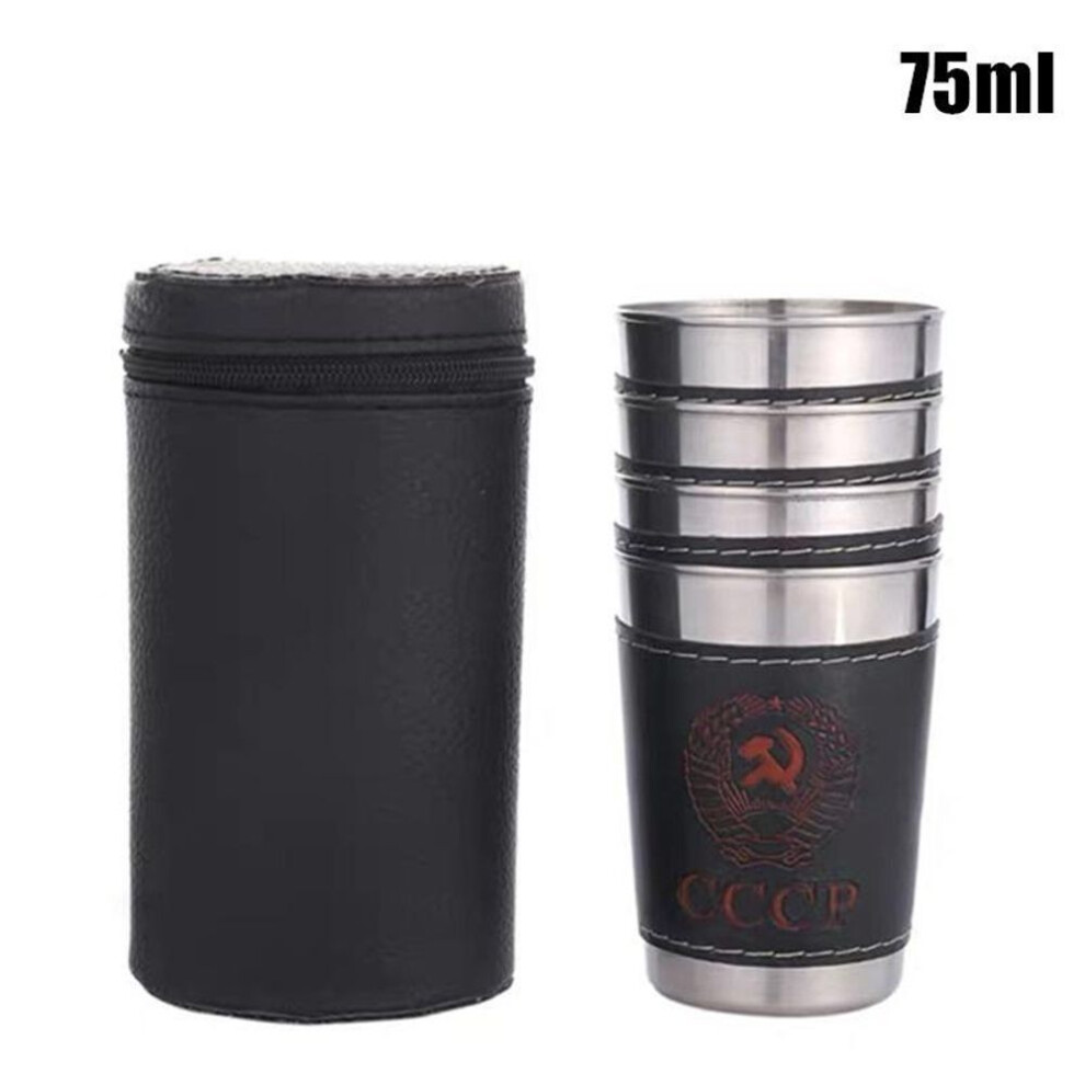 (2.64oz 4 cups a cover) 4pcs/set Vodka Cup 304 Pu Holster Russia Stainless Steel Mini Wine Tumbler Portable Personalized 30ml/75ml/170ml Shot Glass Set