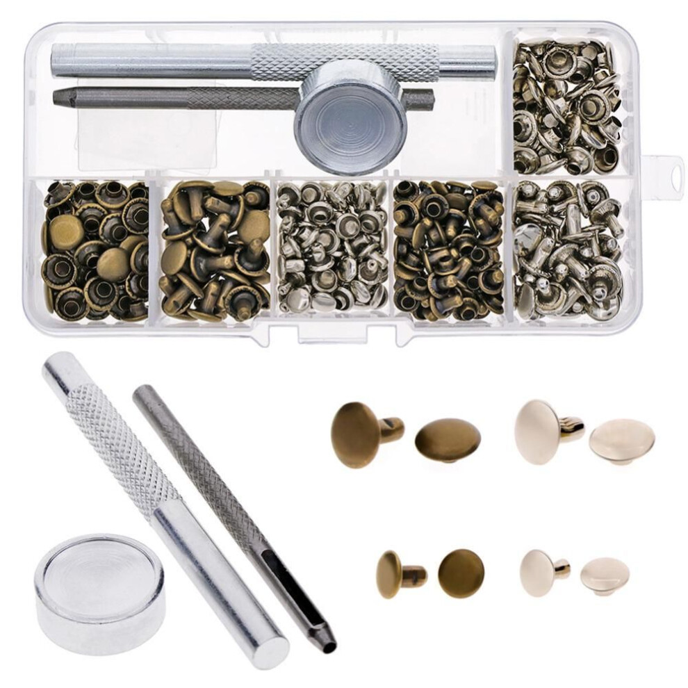 120 Set New Leather Rivets Single Cap Rivets Tubular Metal Studs with Fixing Tool Kit for Leather Craft Repairing