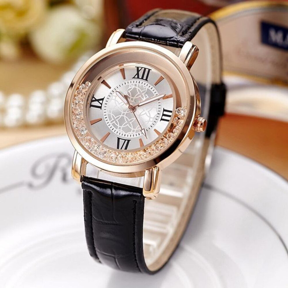 (black) Watch New Women Fashion Luxury Leisure Set Auger Leather Analog Stainless Steel Quartz Watch