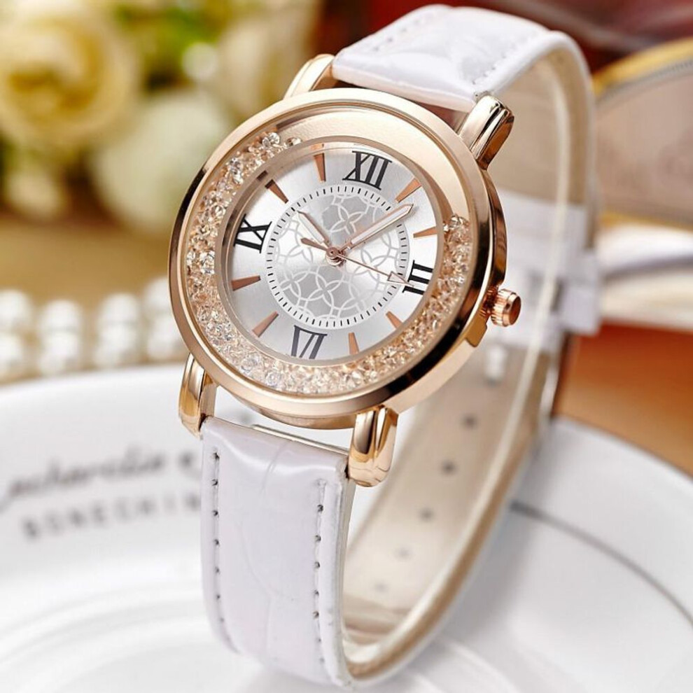 (white) Watch New Women Fashion Luxury Leisure Set Auger Leather Analog Stainless Steel Quartz Watch