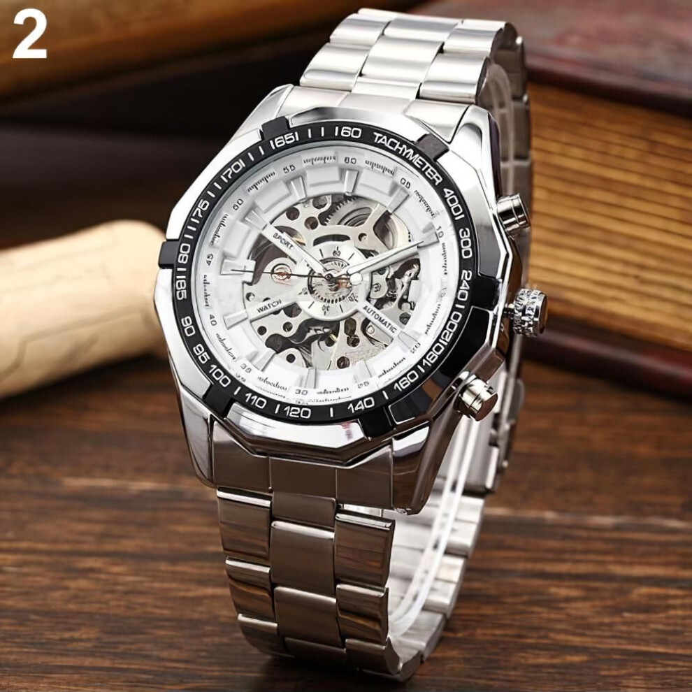 (white) Winner Skeleton Automatic Mechanical Watch Gold Men Watches Stainless Steel Bracelet Sports Luxury Male Clock Chinese Wristwatch