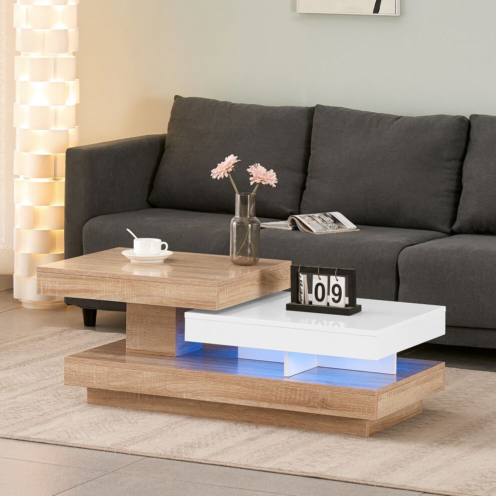 Rotating Coffee Table High Gloss Side Tables with LED Lights