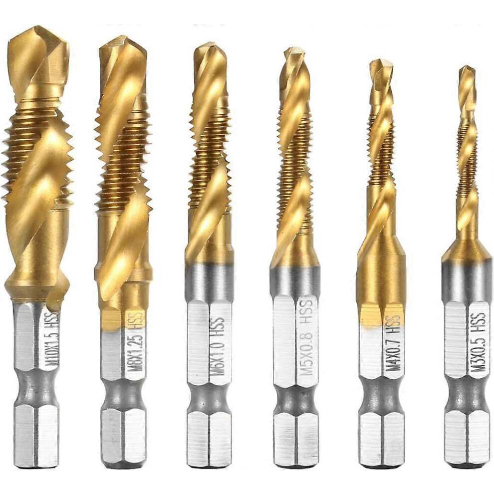 (As Show, One Size) 6 Pieces Combination Drill And Tap Bit Set Hss Hex Metric Deburr Countersink Bits Metric Drilling Ecw 5093216586449