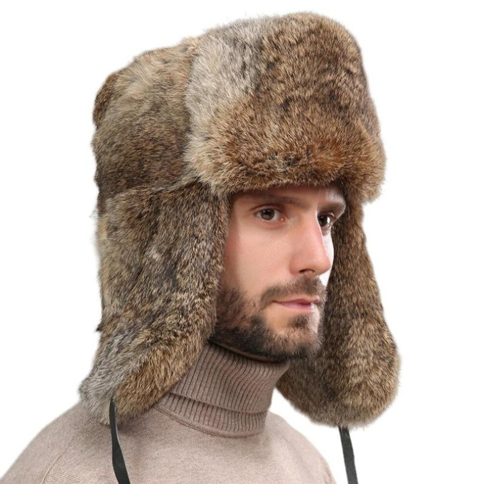 (brown, One Size) Winter Men&apos;s Caps Warm Rabbit Fur Bomber Hat With Earflaps Winter Unisex Warm Hat Imitation Rabbit Fur Hats