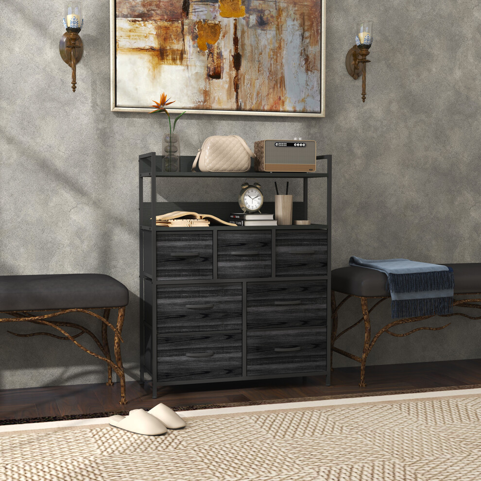 (Black) HOMCOM Bedroom Chest of Drawers 7 Drawer Dresser w/ Shelves