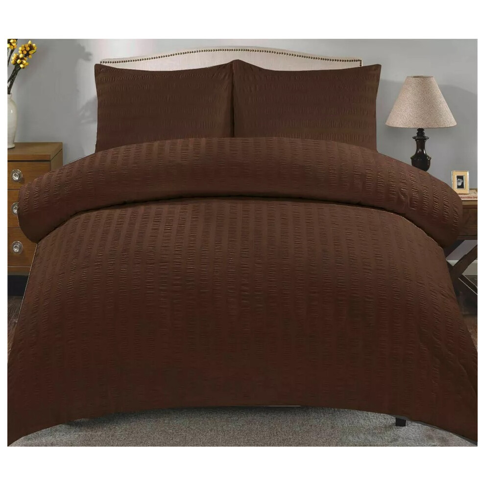 (Chocolate Brown, Single ) Non-Iron Seersucker Duvet Cover Quilted Bedding Set