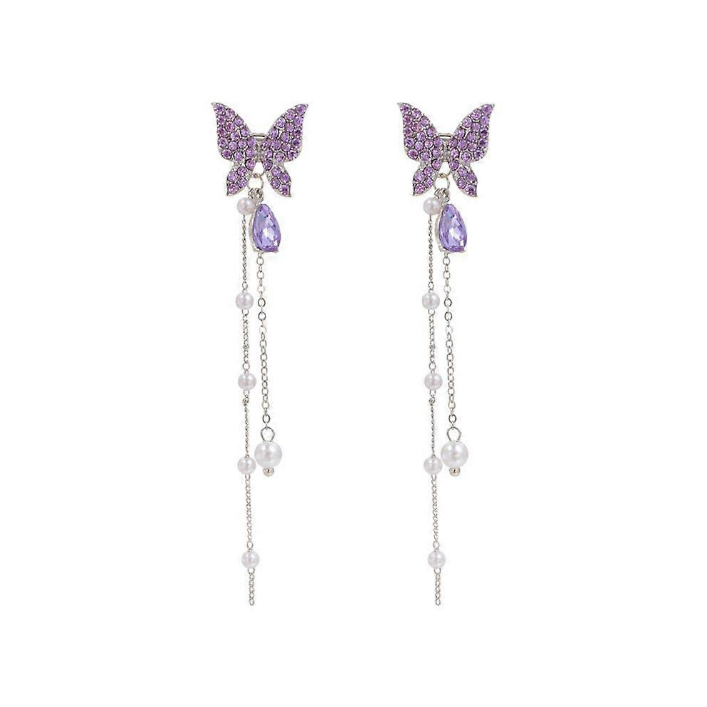 (Purple Butterfly, One size) S925 Silver Needle Female Premium Crystal Purple/Colorful White Butterfly Sparkling Diamond Long Earrings-image-OPC-PG2X97V-NEW