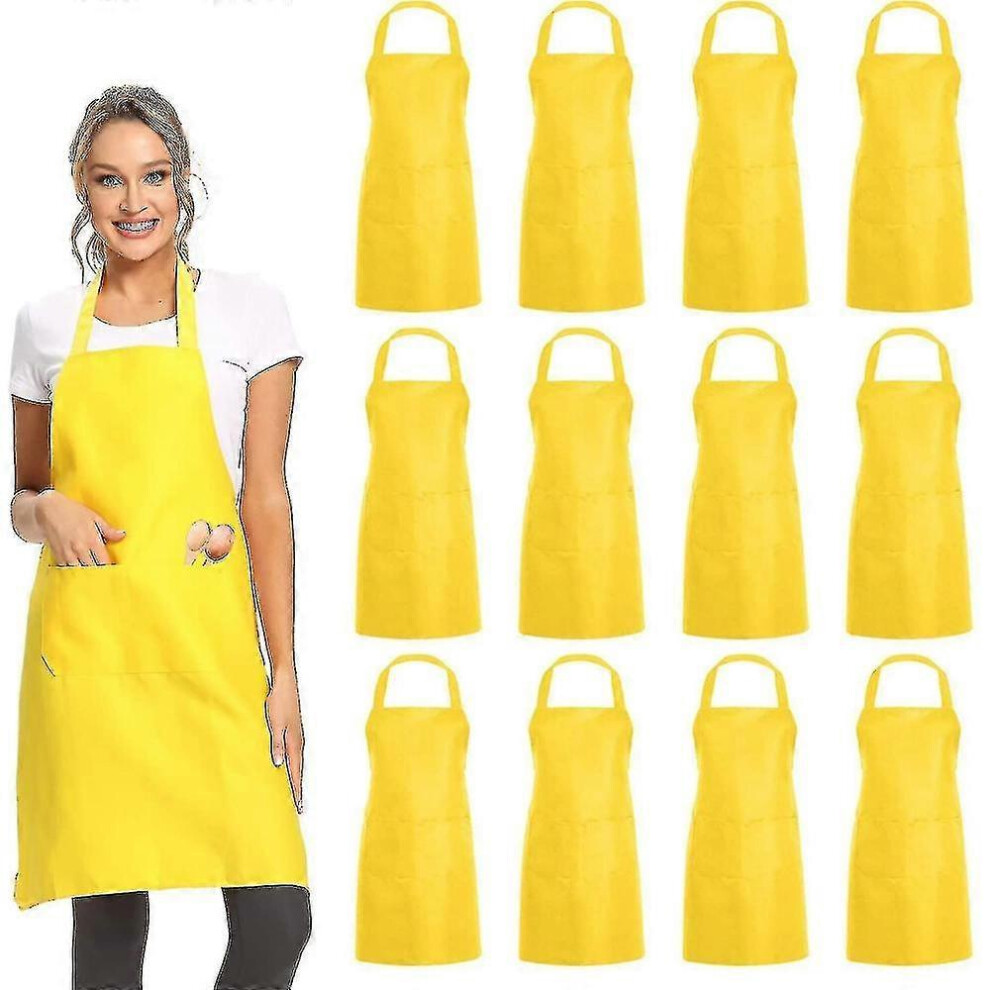 (Yellow, One size) 12 Packs Plain Bib Aprons With 2 Pockets - Black Unisex Commercial Apron Bulk A TND