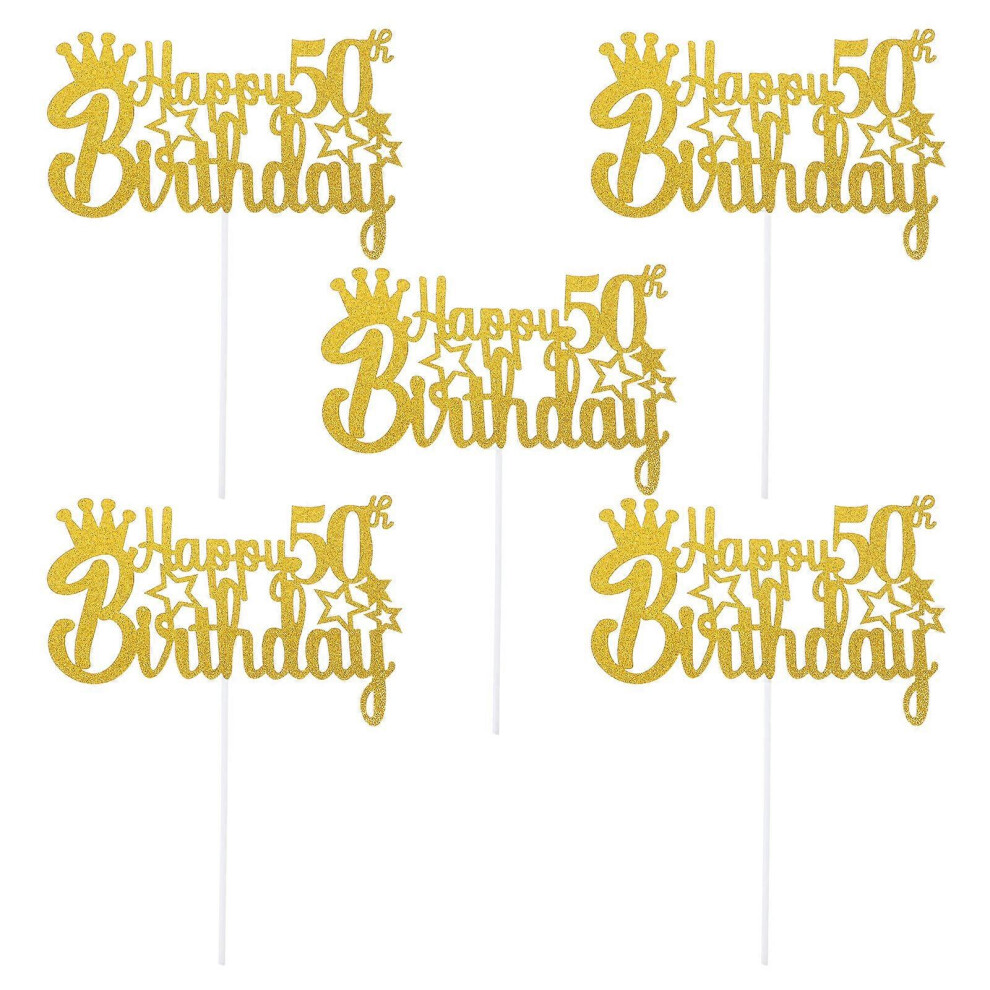 Kricely (15X10.00x0.1cm, ) 5Pcs 50Th Anniversary Cake Decoration Glittery Cake Picks Toppers Birthday Party Supplies Golden