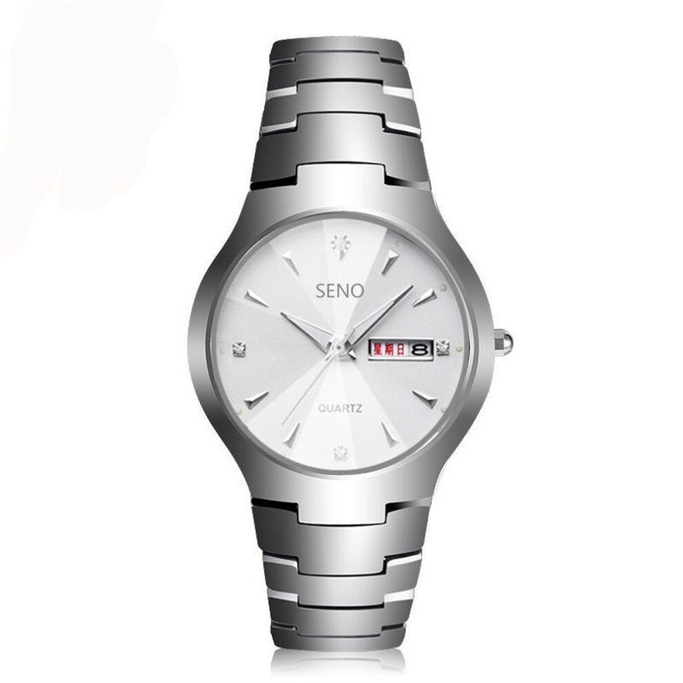 (white) Men&apos;s Tungsten Steel Fashion Waterproof Quartz Watch Couple Gift