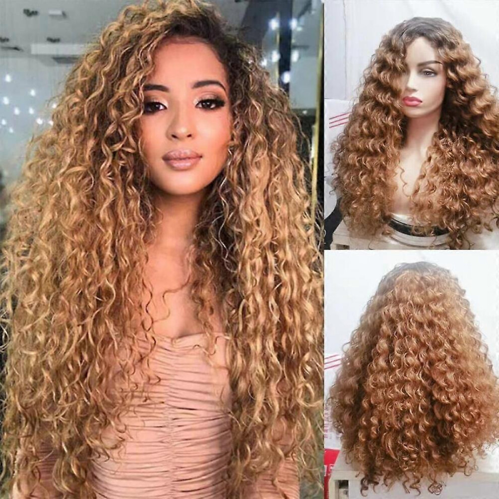 (As show, One size) Charming Party Wig Women s Fashion Long Curly Hair Wigs Brown Ombre Synthetic Curly Wavy Hair Loose Deep Wave Wig Perruque Fe MNS