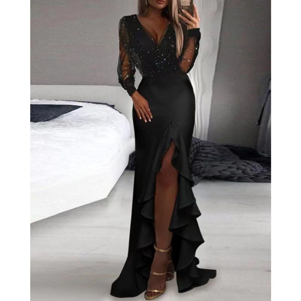 (black, XXL) YYFS Women&apos;s Fashion Spring Fall Solid Color Print Long Sleeve V-Neck High Waist Casual Dresses
