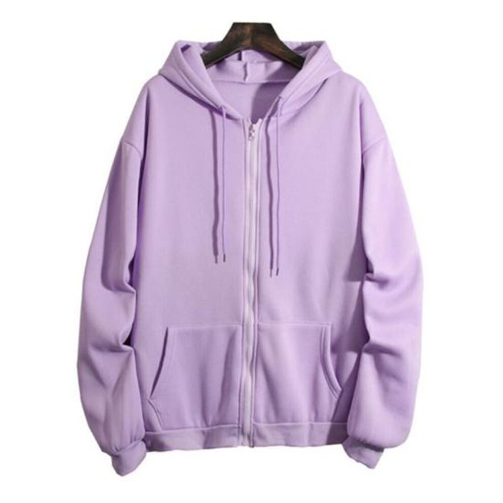 (purple, M) Women Hooded Long Sleeve Sweatshirt Coat Drawstring Pockets Zipper Closure Thin Fleece Lining Jacket