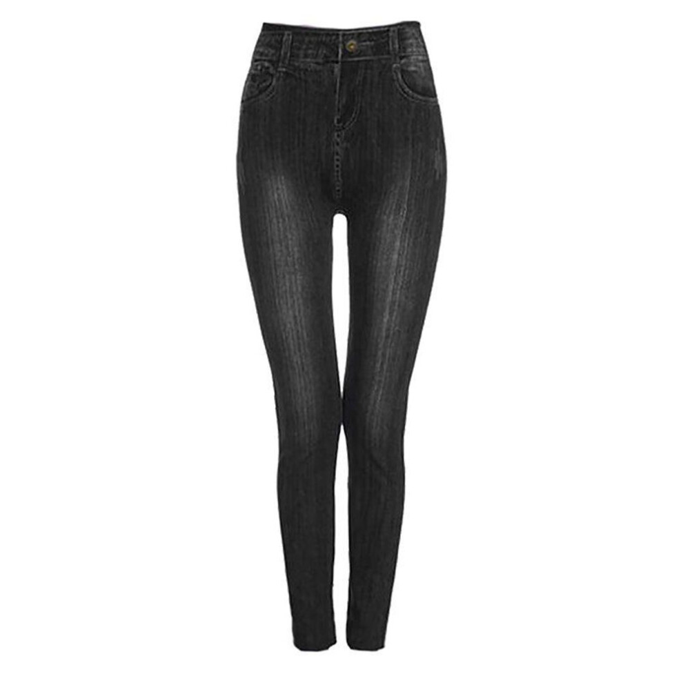 (black, 2XL) Women Plus Size Pencil Pants Imitation Jeans Denim Pants High Waist Leggings Casual