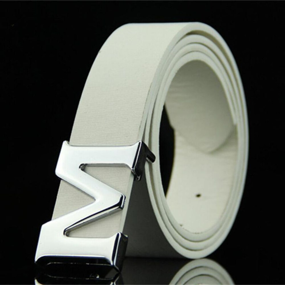 (white, 110 cm) Women Men Leather Belts Automatic Smooth Buckle Leather Belts Punk Hip Hop Waist Belt For Jeans