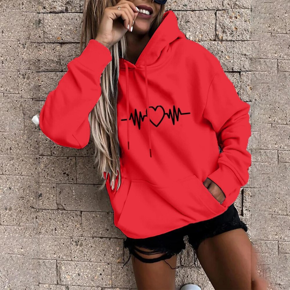 (red, M) Kaixinjiuhao Women Fashion Casual Fun Print Hooded Sweatshirt Loose Sports Tops Pullover