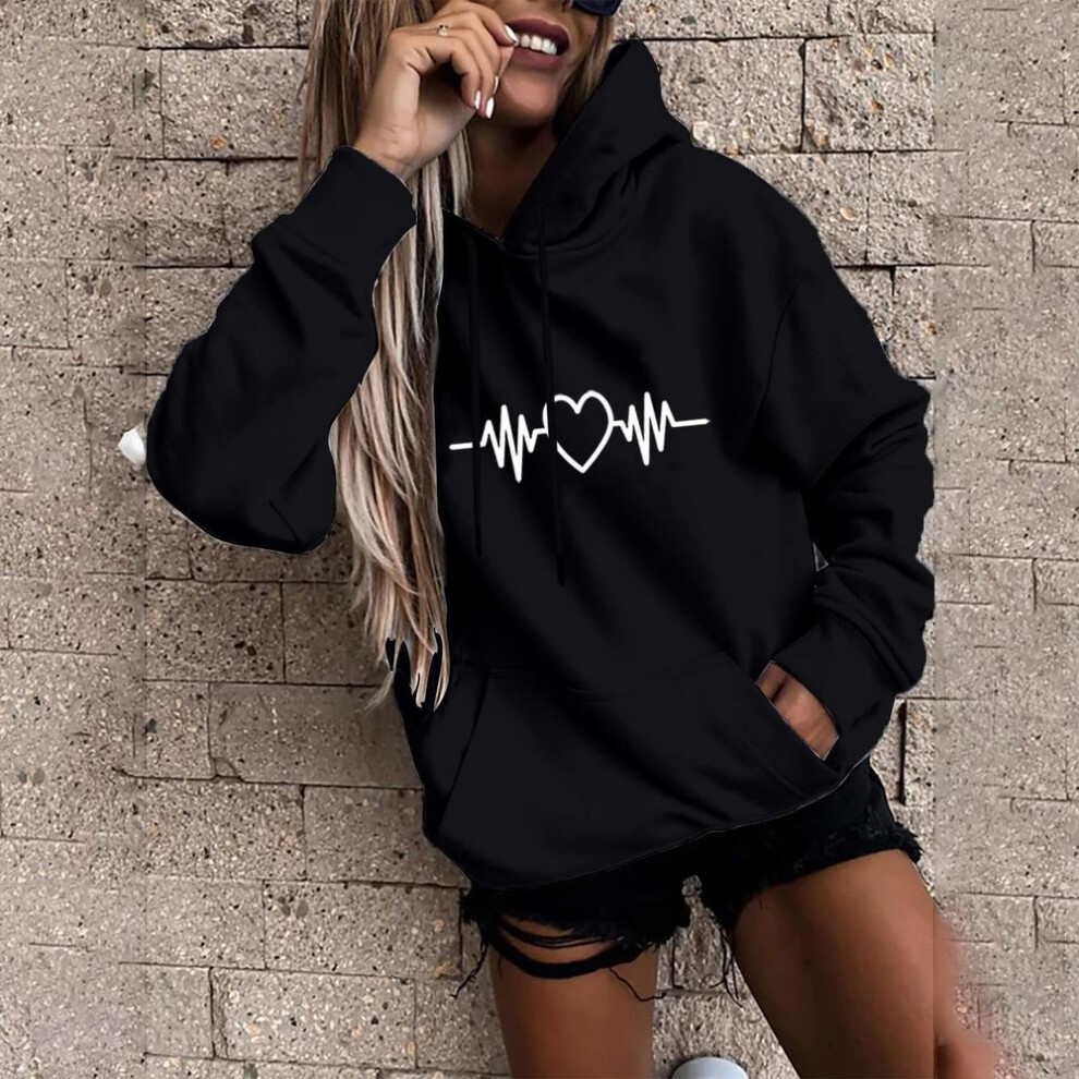 (black, L) Kaixinjiuhao Women Fashion Casual Fun Print Hooded Sweatshirt Loose Sports Tops Pullover