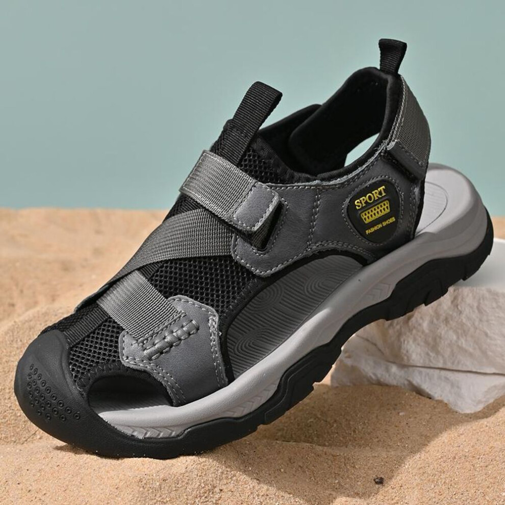 (gray, 41) Men&apos;s Genuine Leather Sandals Plus Size Beach Sandals Casual Shoes 39-46