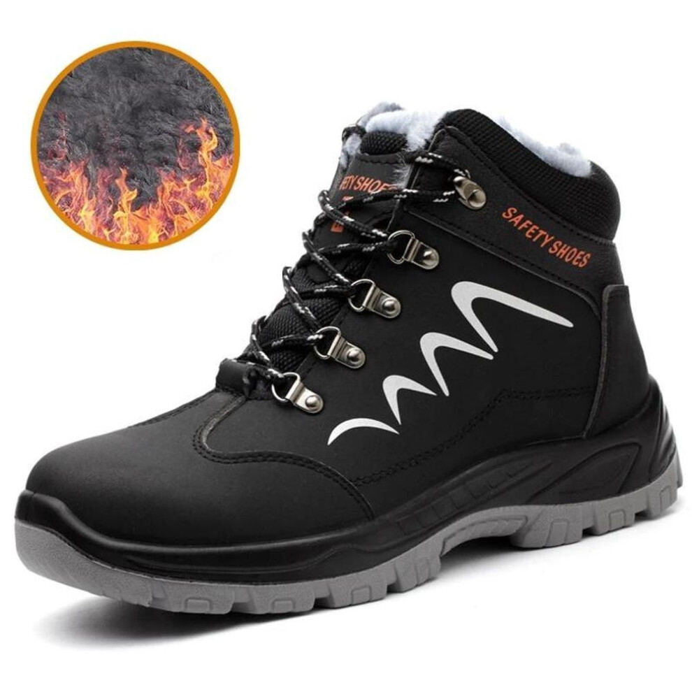 (black, 46) Men&apos;s Plush Safety Boots Steel Toe Warm Work Shoes Waterproof Anti-puncture Anti-smash Work Boots  Men Sneakers